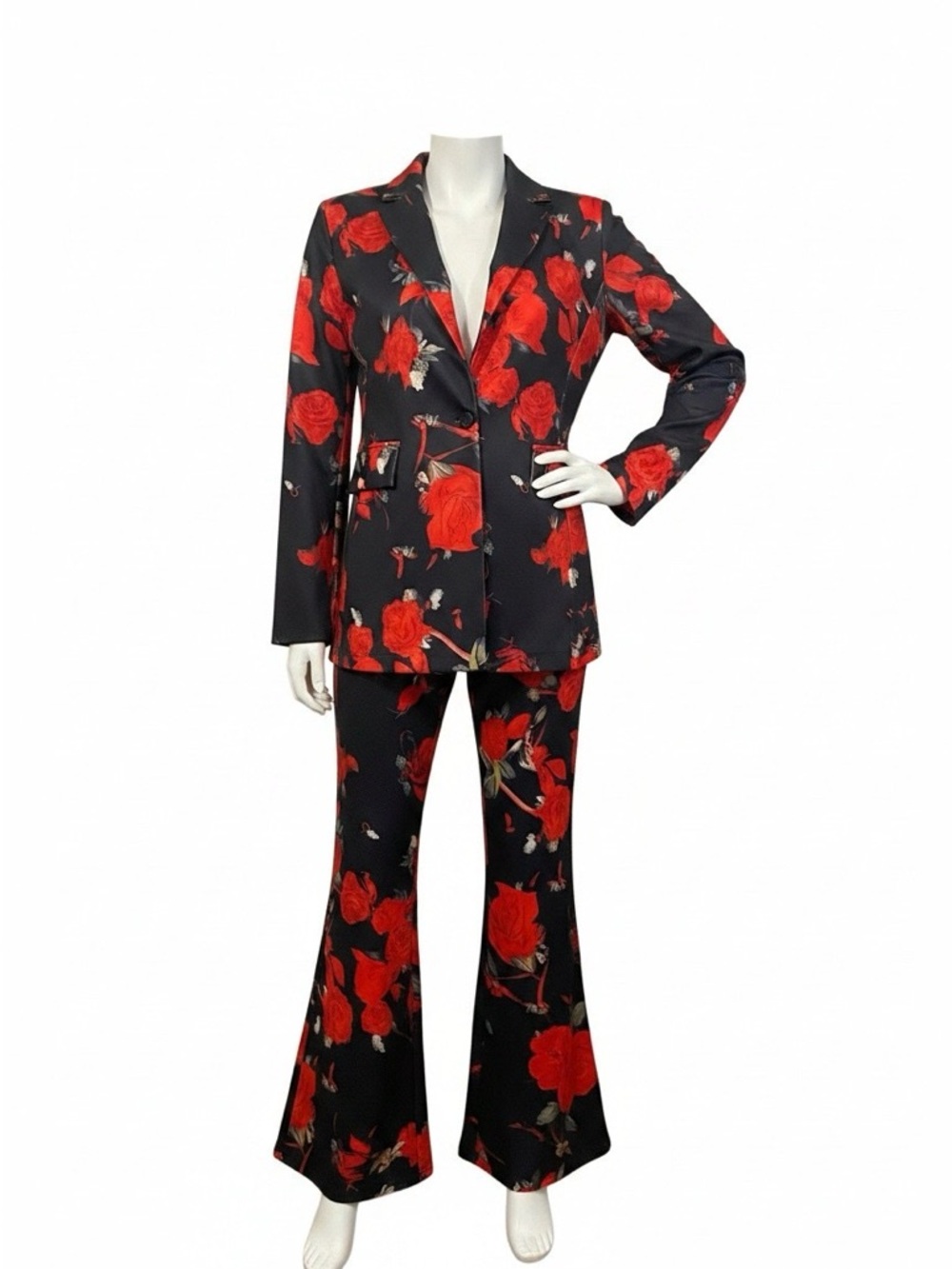 Elegant Black & Red Floral Flared Pantsuit